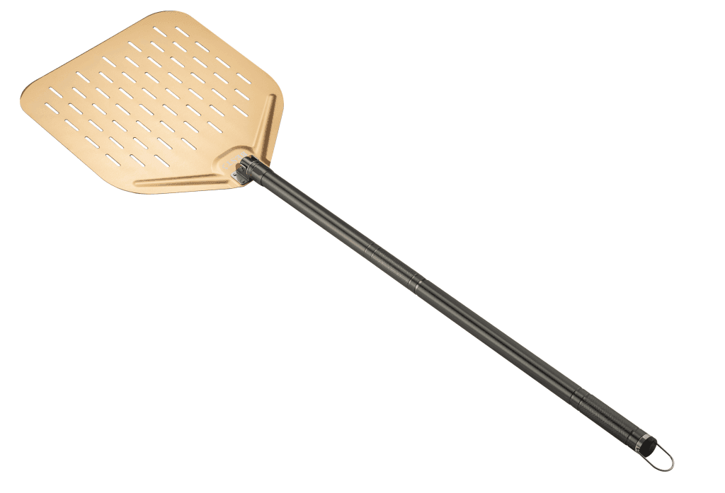 Gold pizza peel with black handle on white background.