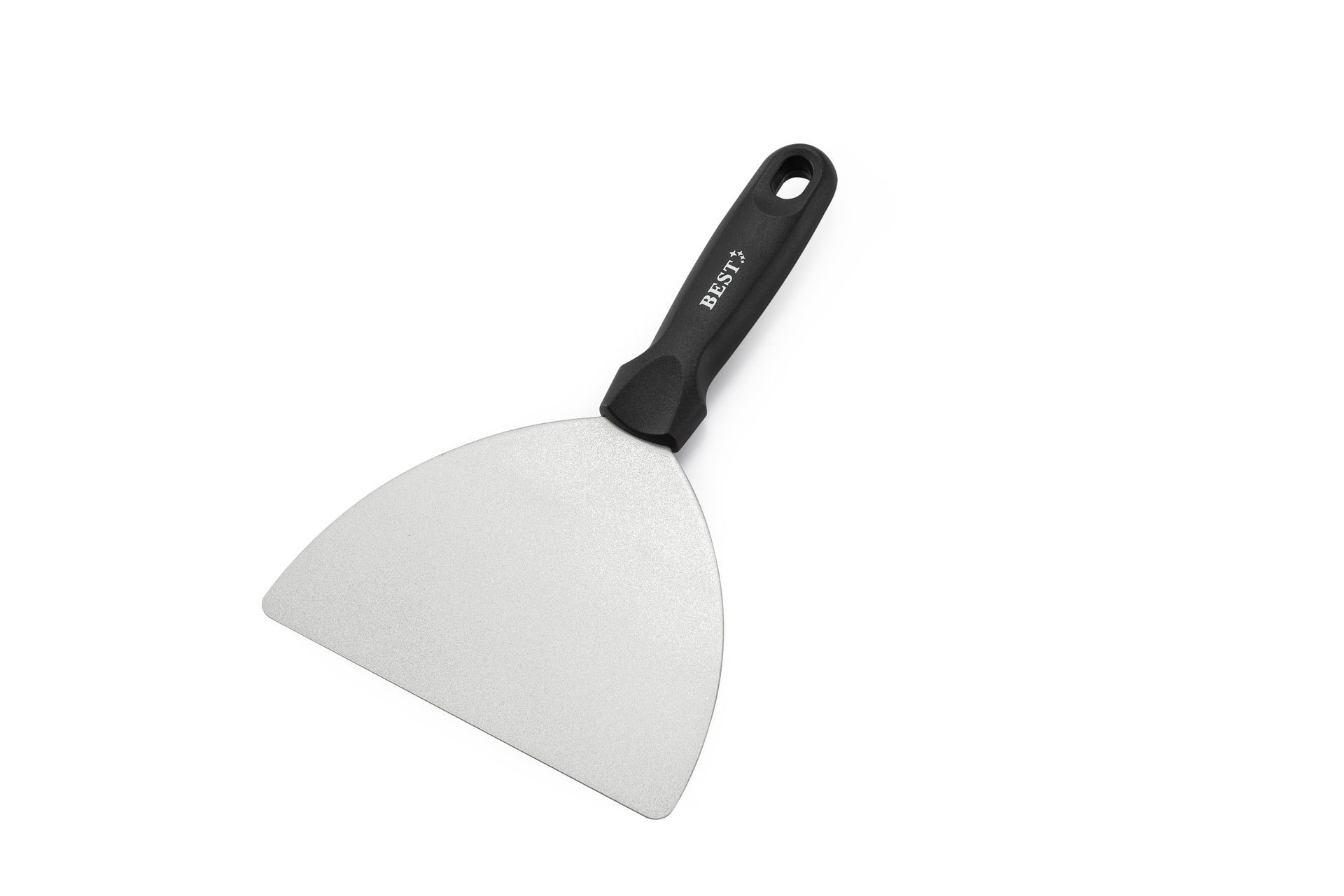 Metal cake scraper with black handle on white background.